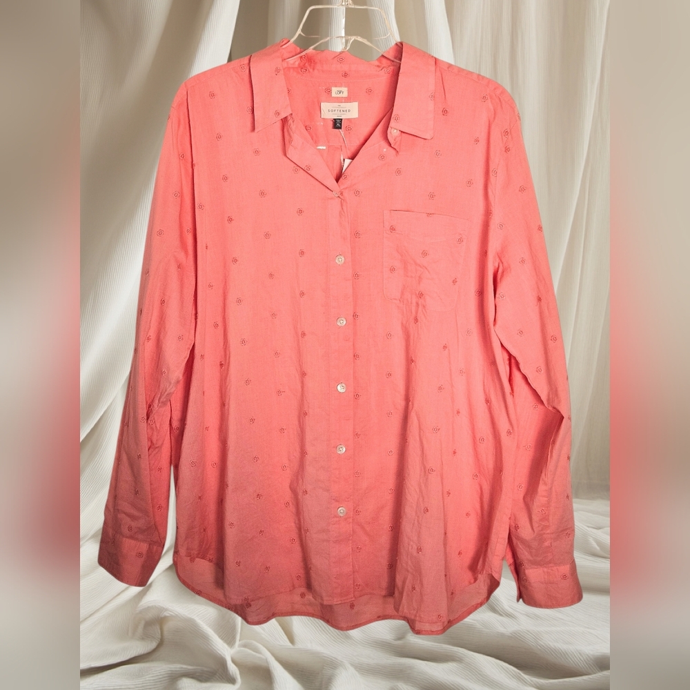 Ann Taylor LOFT Coral Floral Embroidered Burton Up Blouse-XL
